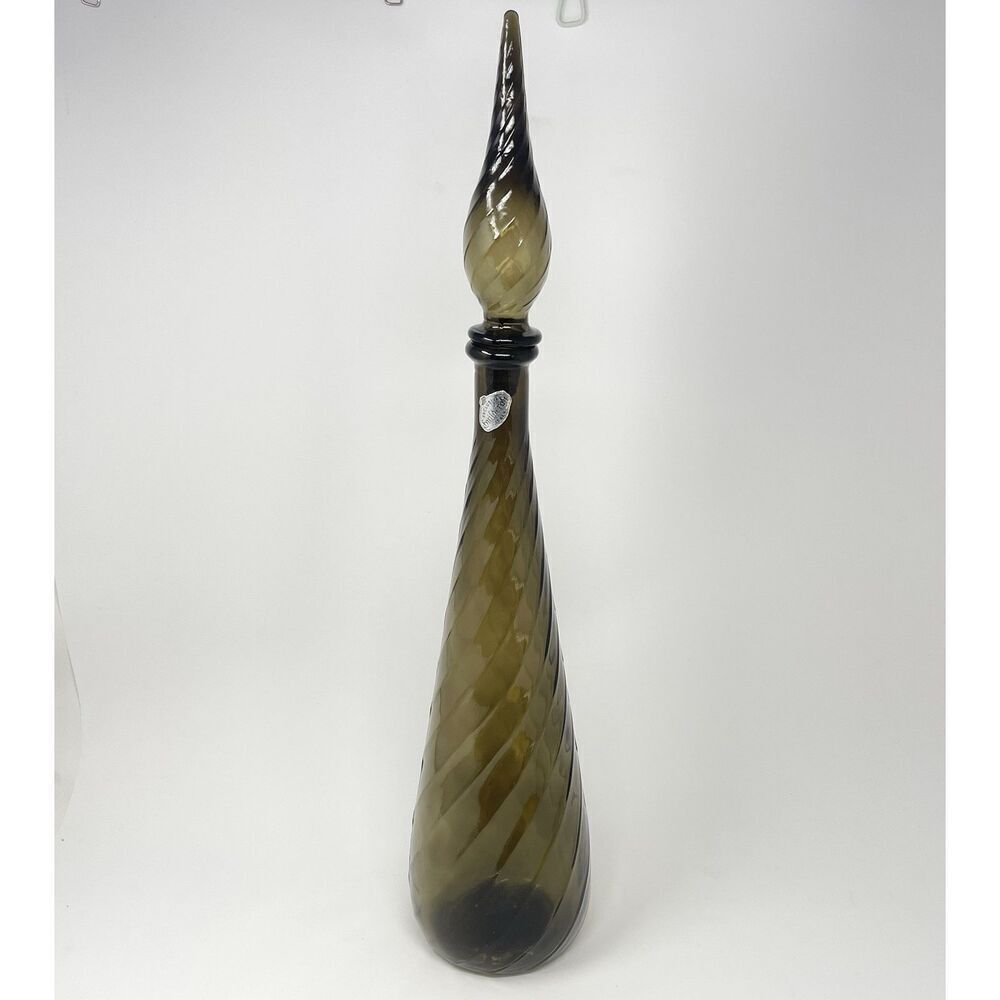 Vintage Guildcraft Empoli Smoke Gray Glass Genie Bottle Decanter 21” W/ Stopper
